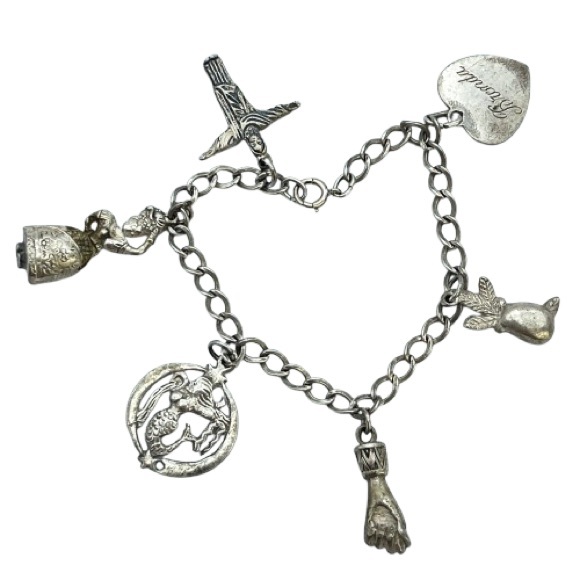 Vintage Silver Multi Charm Bracelet | Heart, Mermaid, Glove Hand, Cross, & More - Picture 1 of 10